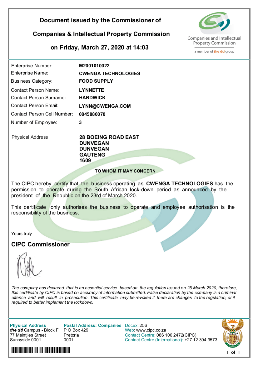 CIPC certificate for Cwenga.png CWENGA Technologies (Pty) Ltd.